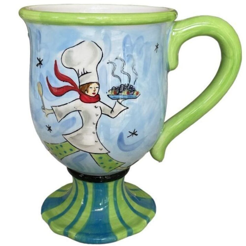 Jennifer Brinley Certified International‎ Pedestal Cafe Girl Chef Green Mugs 6"